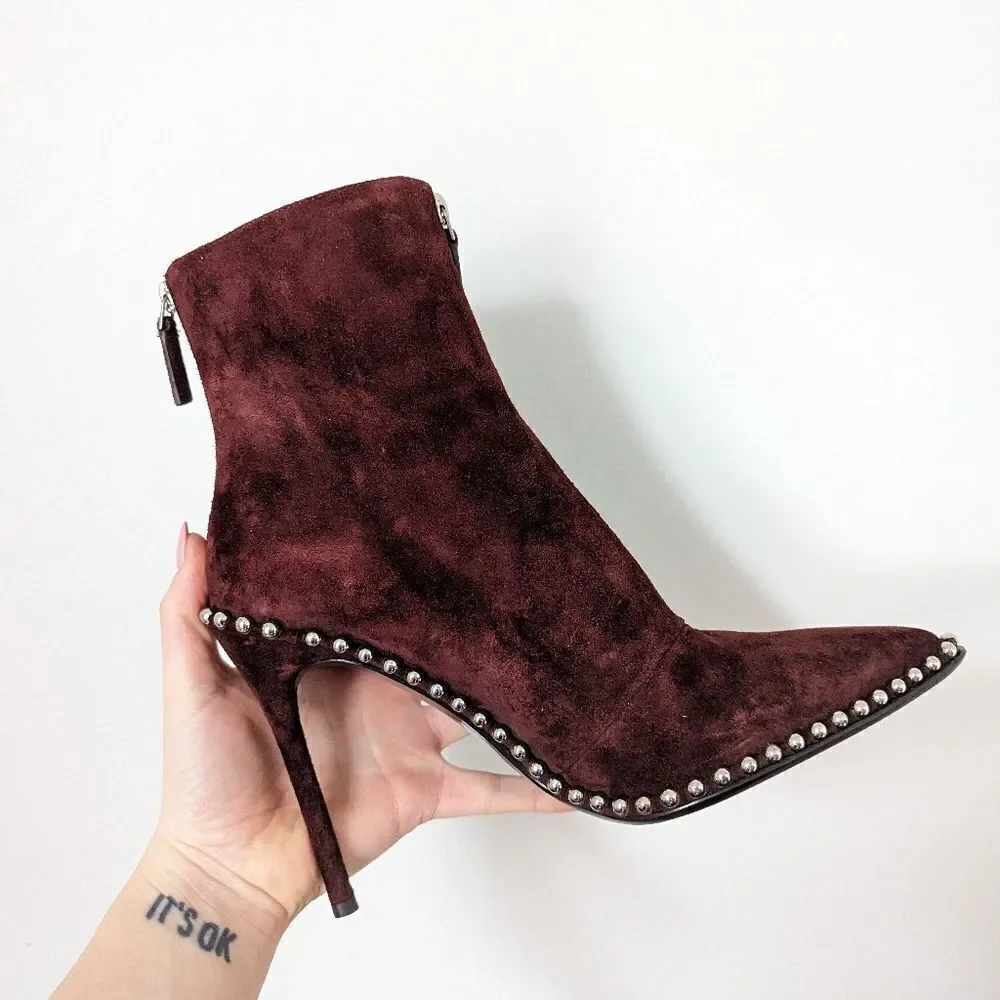 Alexander Wang cranberry maroon wine red suede studded Eri stiletto ankle boots